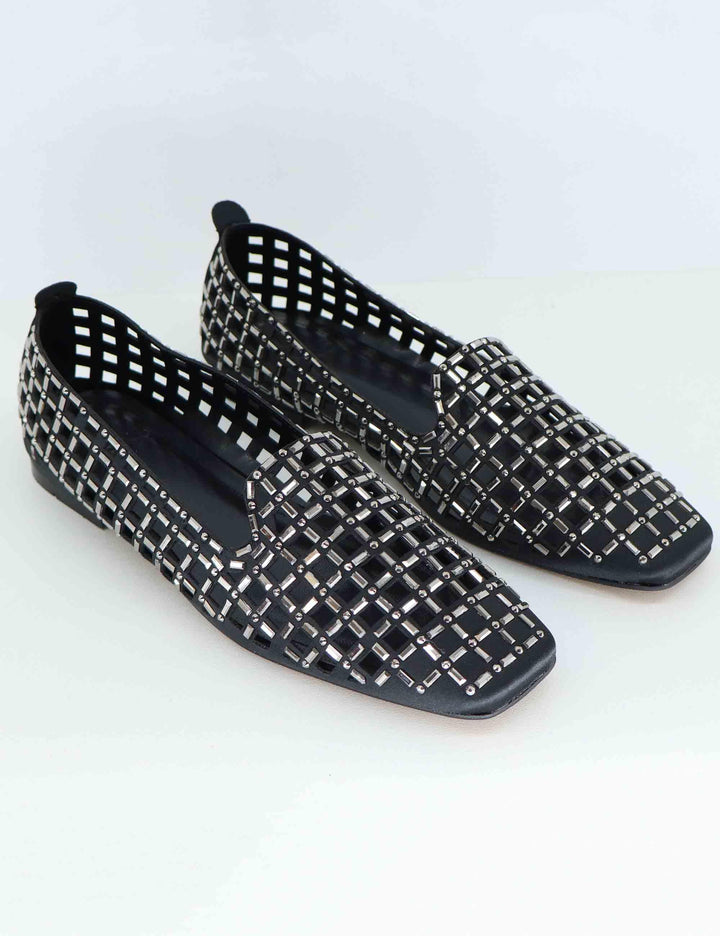 Mocassini donna in tessuto nero con strass U128B090109F SMP09 Exe 