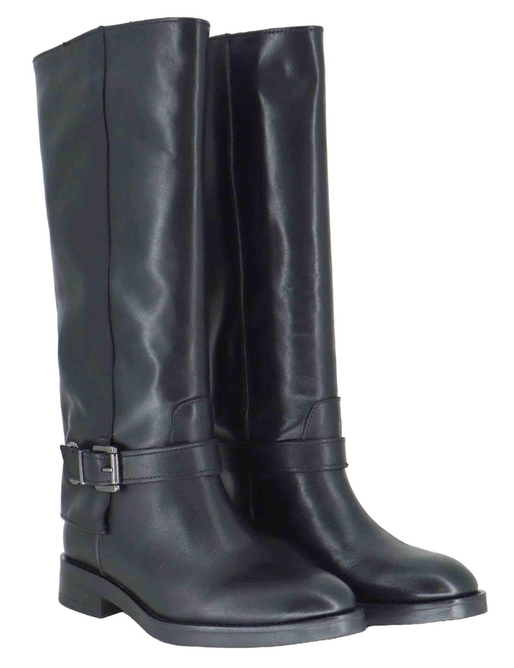 Stivali donna in pelle nera con ghetta cinturino e tacco basso SP109 001 Spatarella 