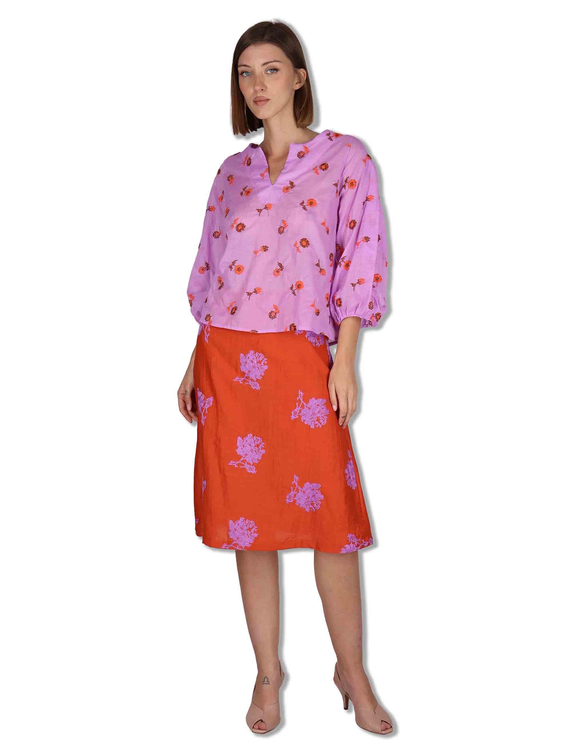 Camicie donna in cotone lilla con ricami florali e maniche a 3/4 JABCM0001-F1509-1231 3110 Justmine 