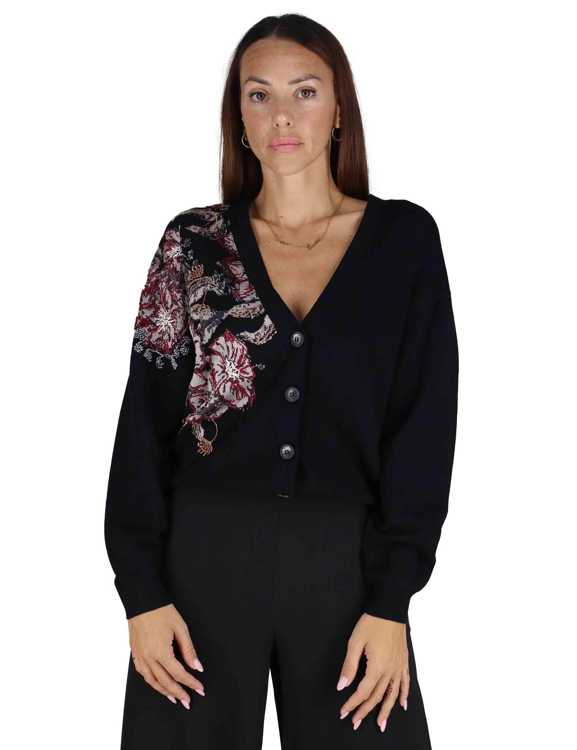 Cardigan donna Flower Jacquard in misto lana nera con stampa floreale JN370278206 20B99 Maliparmi 