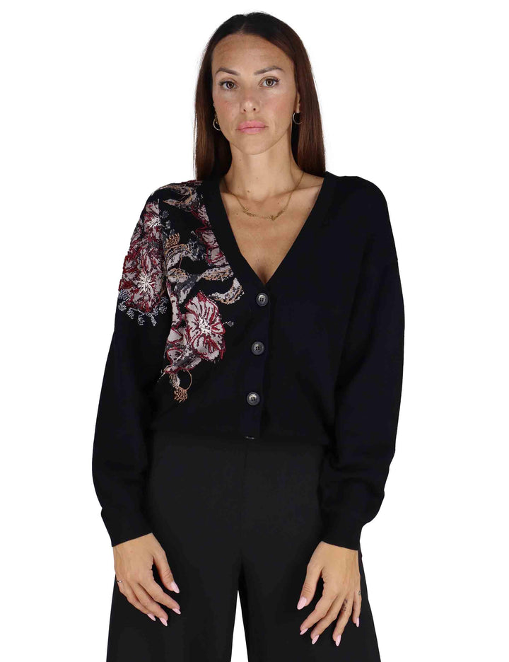 Cardigan donna Flower Jacquard in misto lana nera con stampa floreale JN370278206 20B99 Maliparmi 