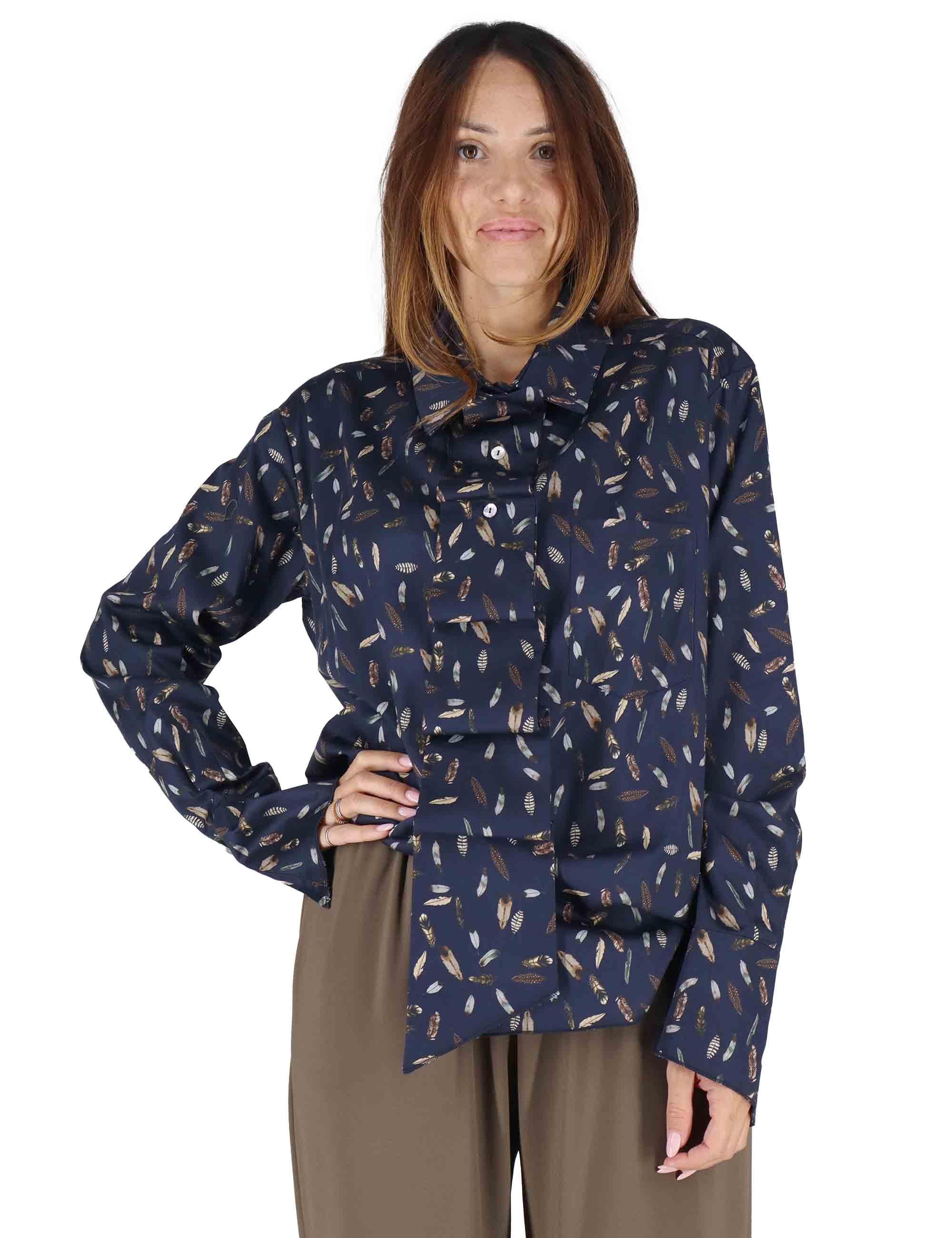 Camicie donna in cotone blu a fantasia con rouches 3W25-CANNA PIUMA NIGHT TreBarraBi 