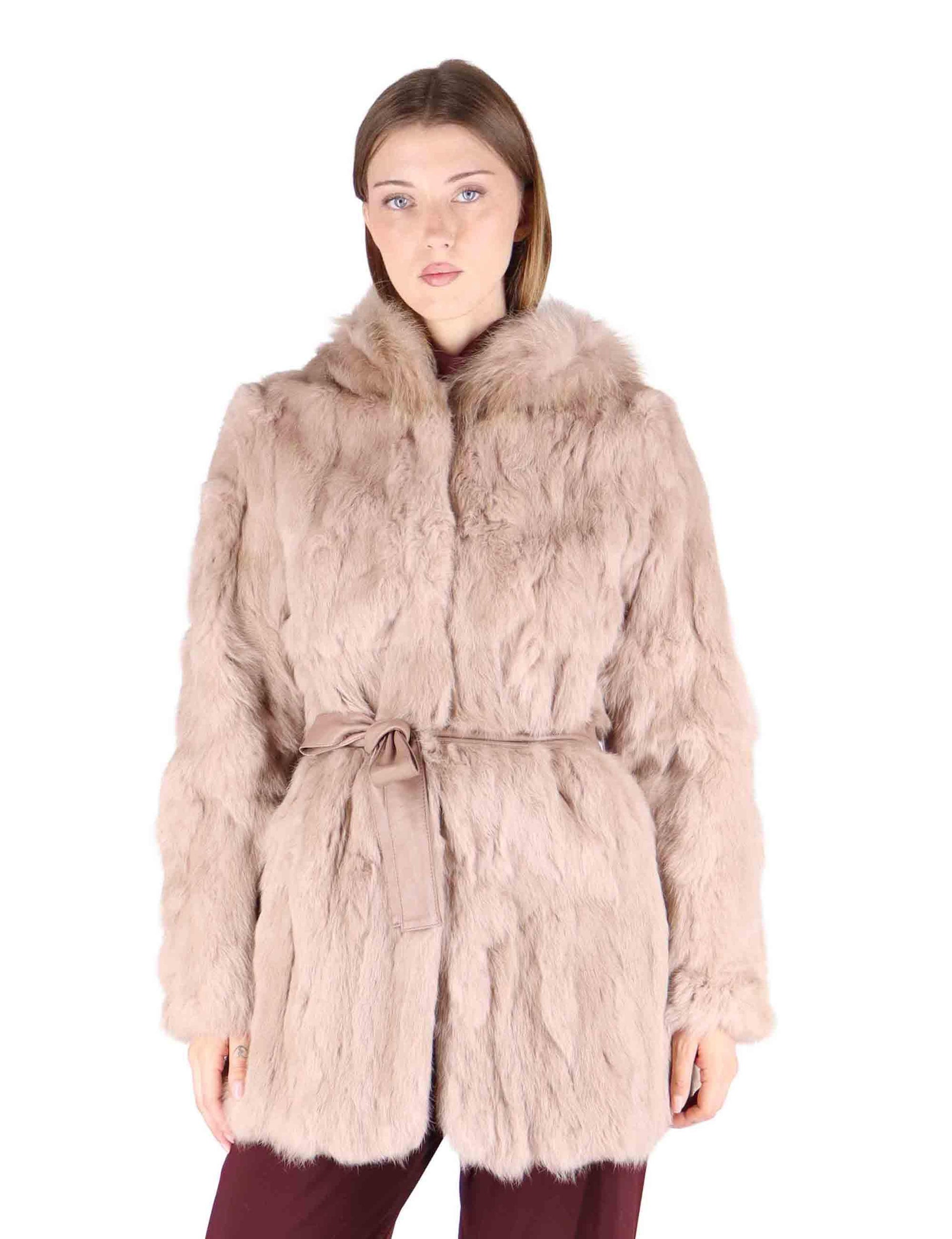 Parka donna in lapin beige con cintura in pelle SP24110 006 Spatarella 