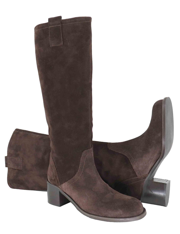 Stivali donna a tubo in camoscio marrone con tacco medio D306 014 Les Venues 