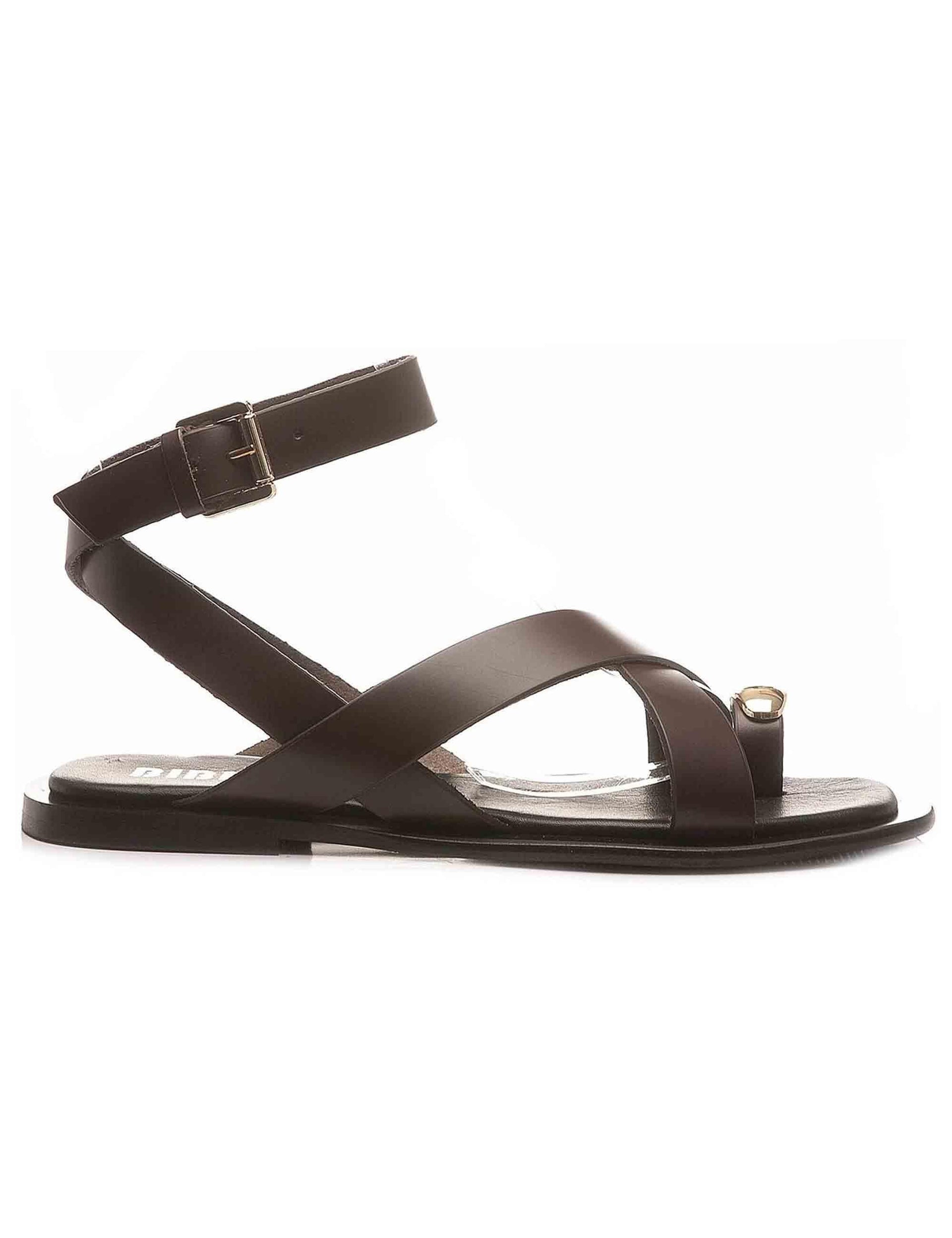 Sandali donna infradito in pelle marrone con borchie oro e tacco basso Vaz 902Z08AA 90-MARRON Bibi Lou 