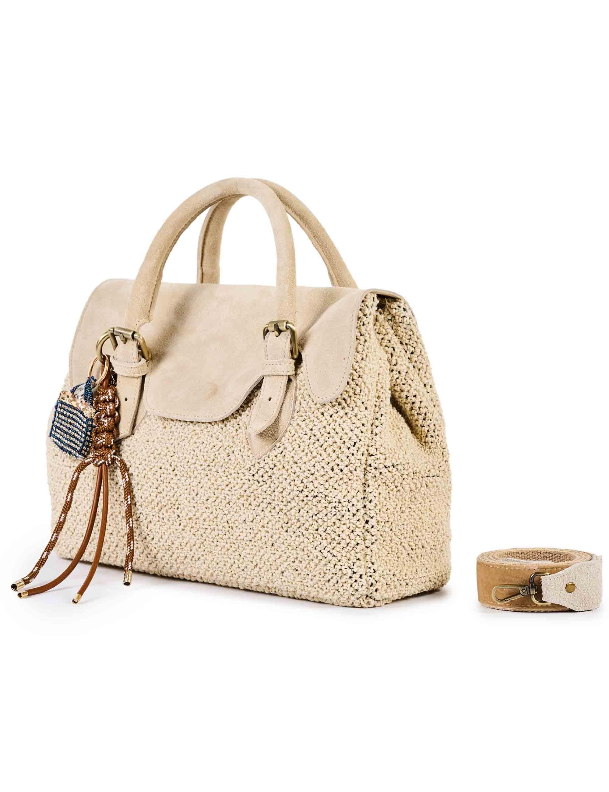 Borse donna in cotone boucle e camoscio beige con tracolla removibile SIENNA H04 Via Mail Bag 