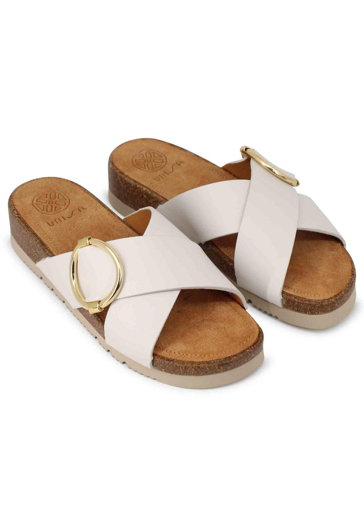 Sandali bassi donna in pelle avorio con fussbett e fibbia laterale oro CARPO RAN IVORY Unisa 