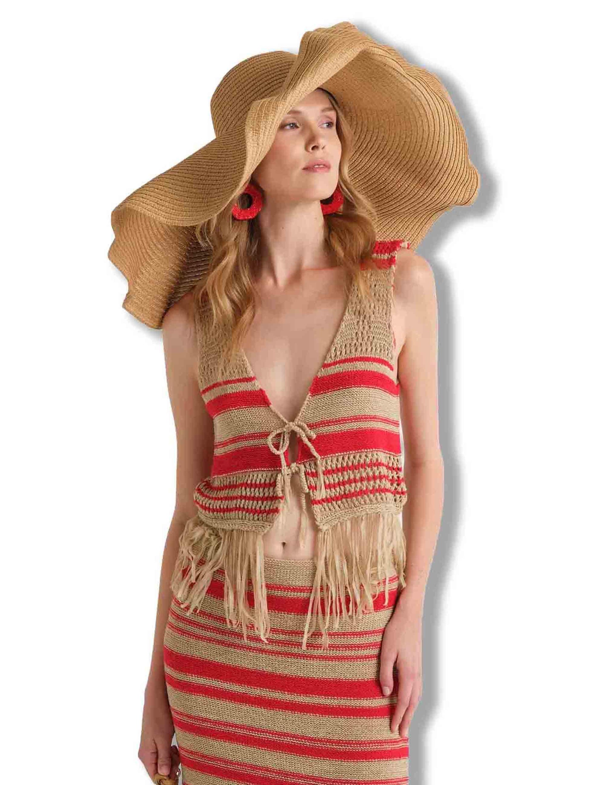 Gilet corto donna Knit Tape in tessuto rigato naturale e rosso con frange JE113078214 11B30 Maliparmi 