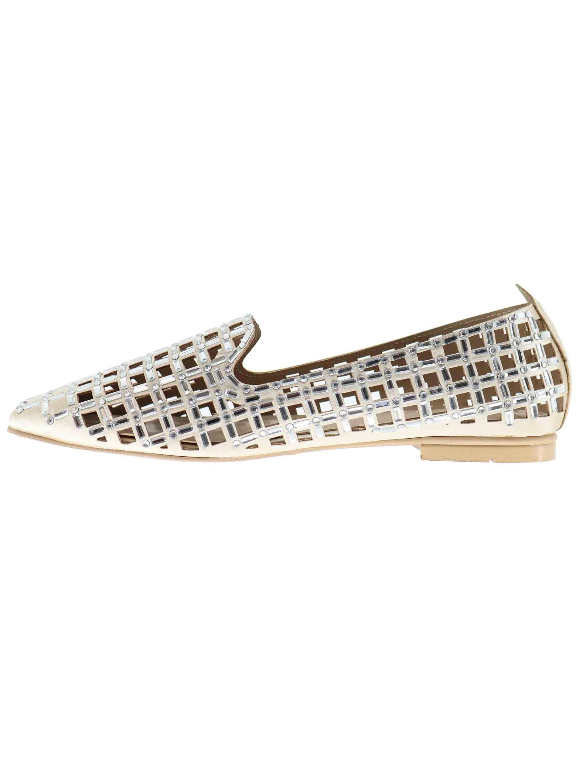 Mocassini donna in tessuto beige con strass U128B09014C6 SMP09 Exe 