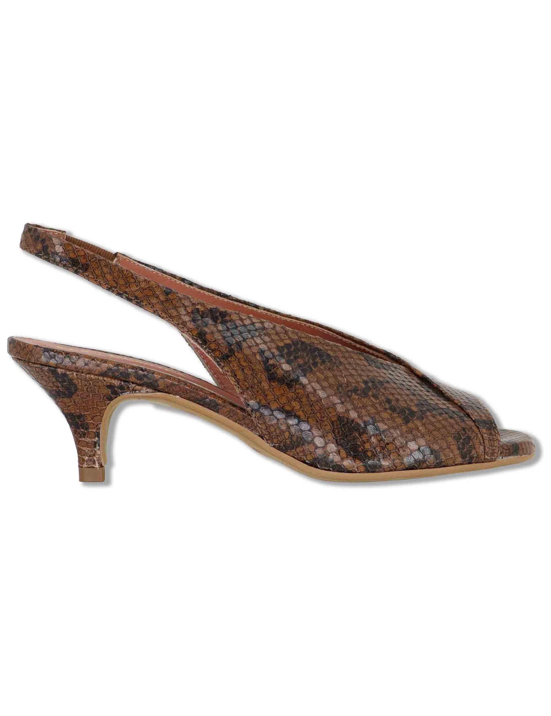 Sandali donna slingback in pelle marrone stampata tacco basso D801 014 Les Venues 