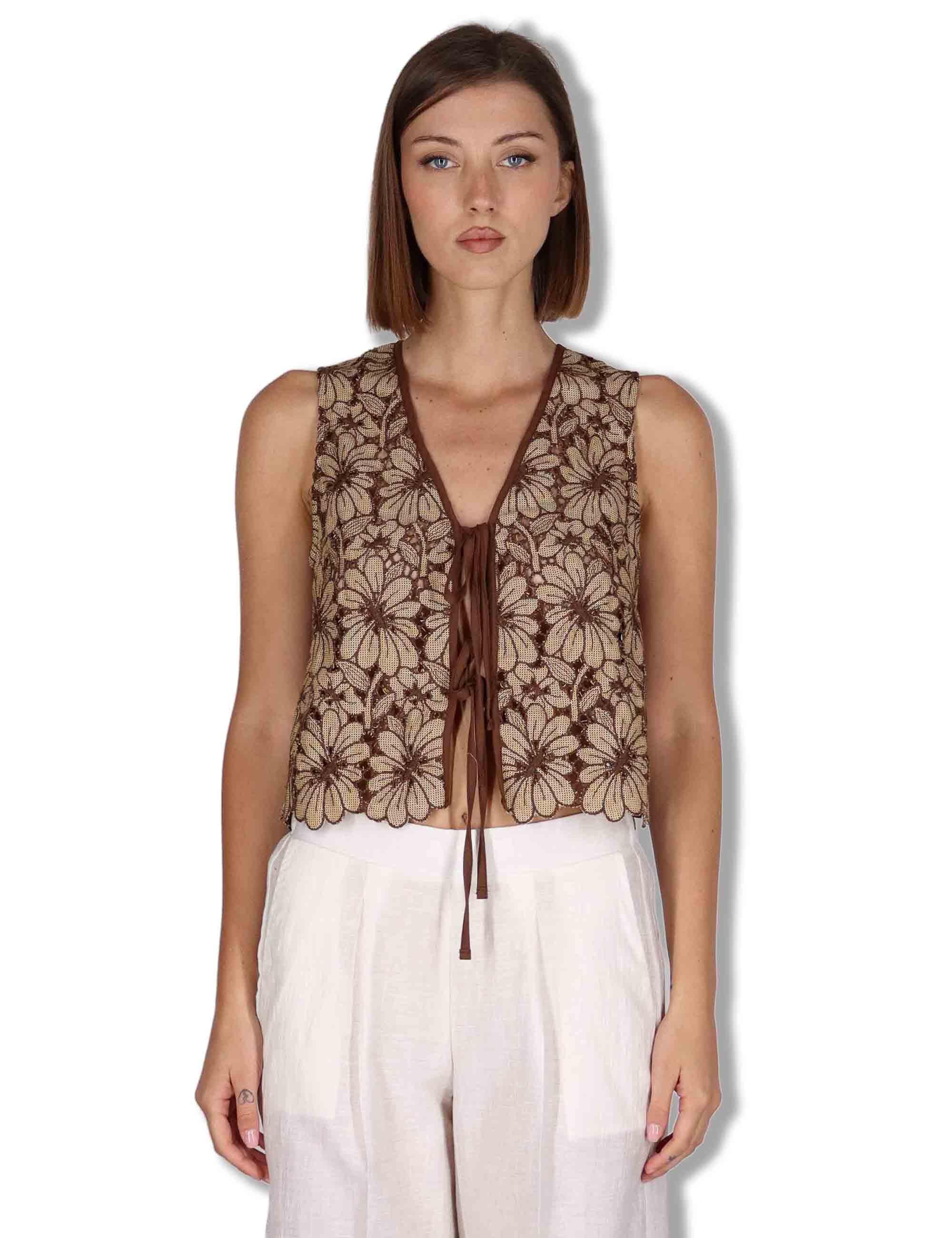 Gilet donna in macrame senape ricami floreali e nappine JABGI0001-F1504-1251 1226 Justmine 