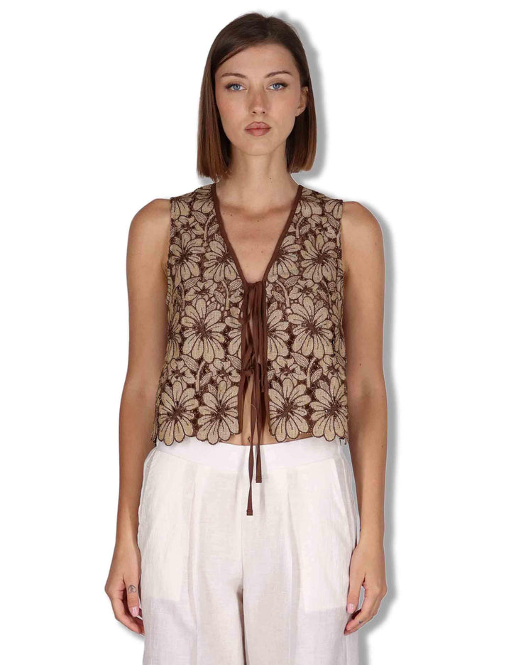 Gilet donna in macrame senape ricami floreali e nappine JABGI0001-F1504-1251 1226 Justmine 