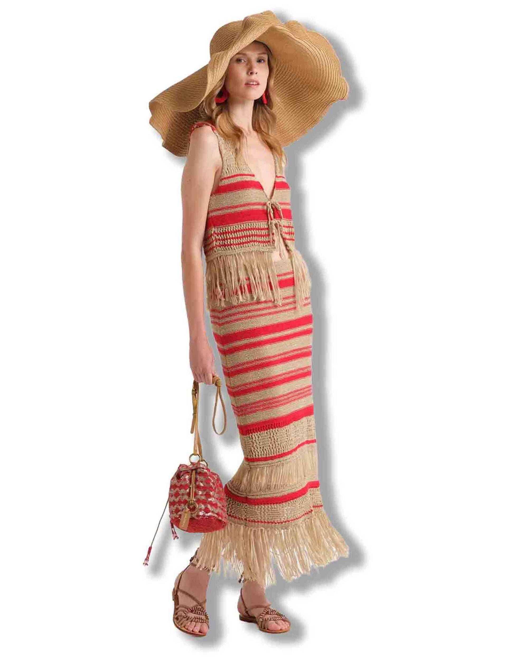 Gonne lunghe donna Knit Tape in tessuto naturale e rosso con frange JG667678214 11B30 Maliparmi 