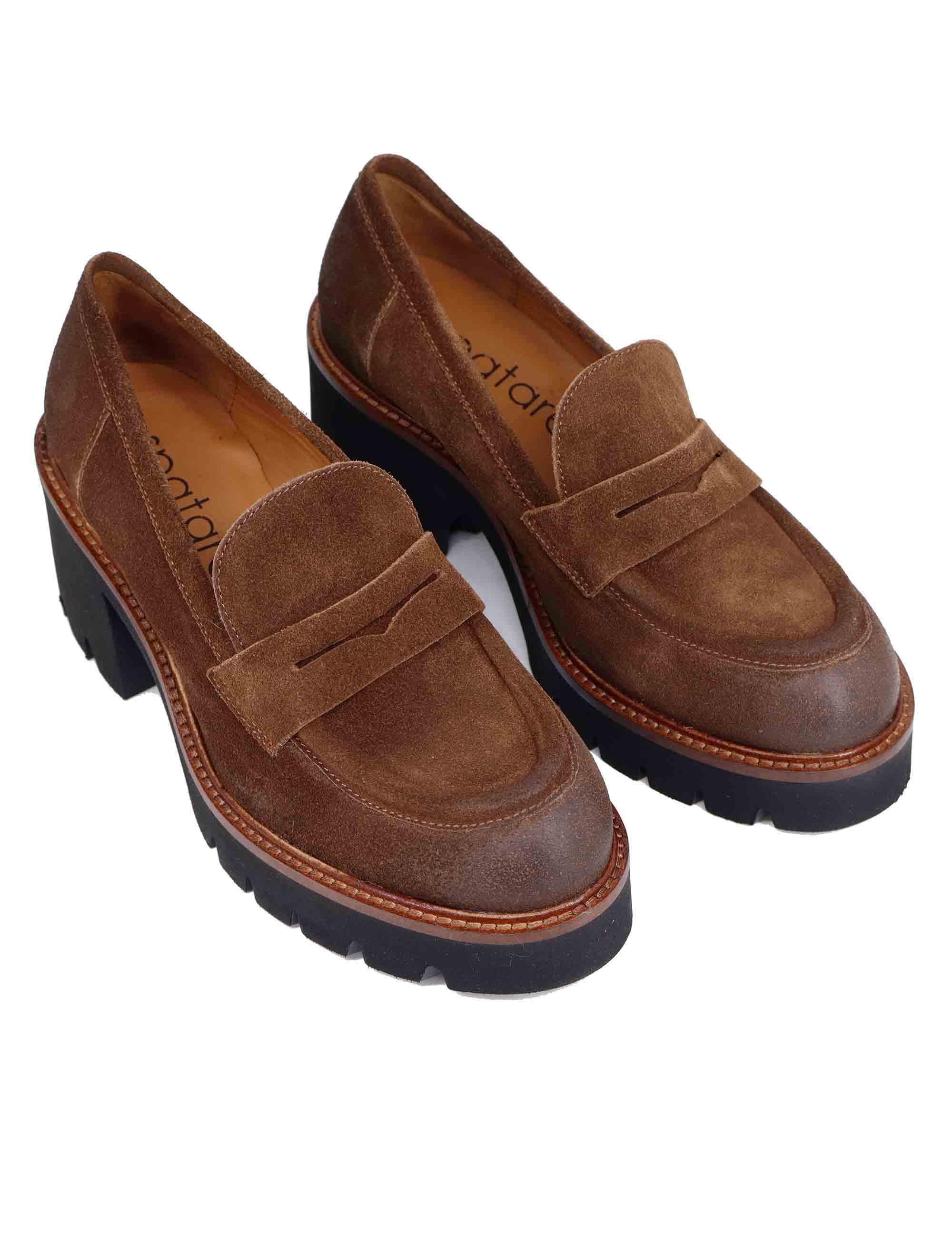 Mocassini donna in camoscio cuoio con suola alta in gomma SP8701 014 Spatarella 