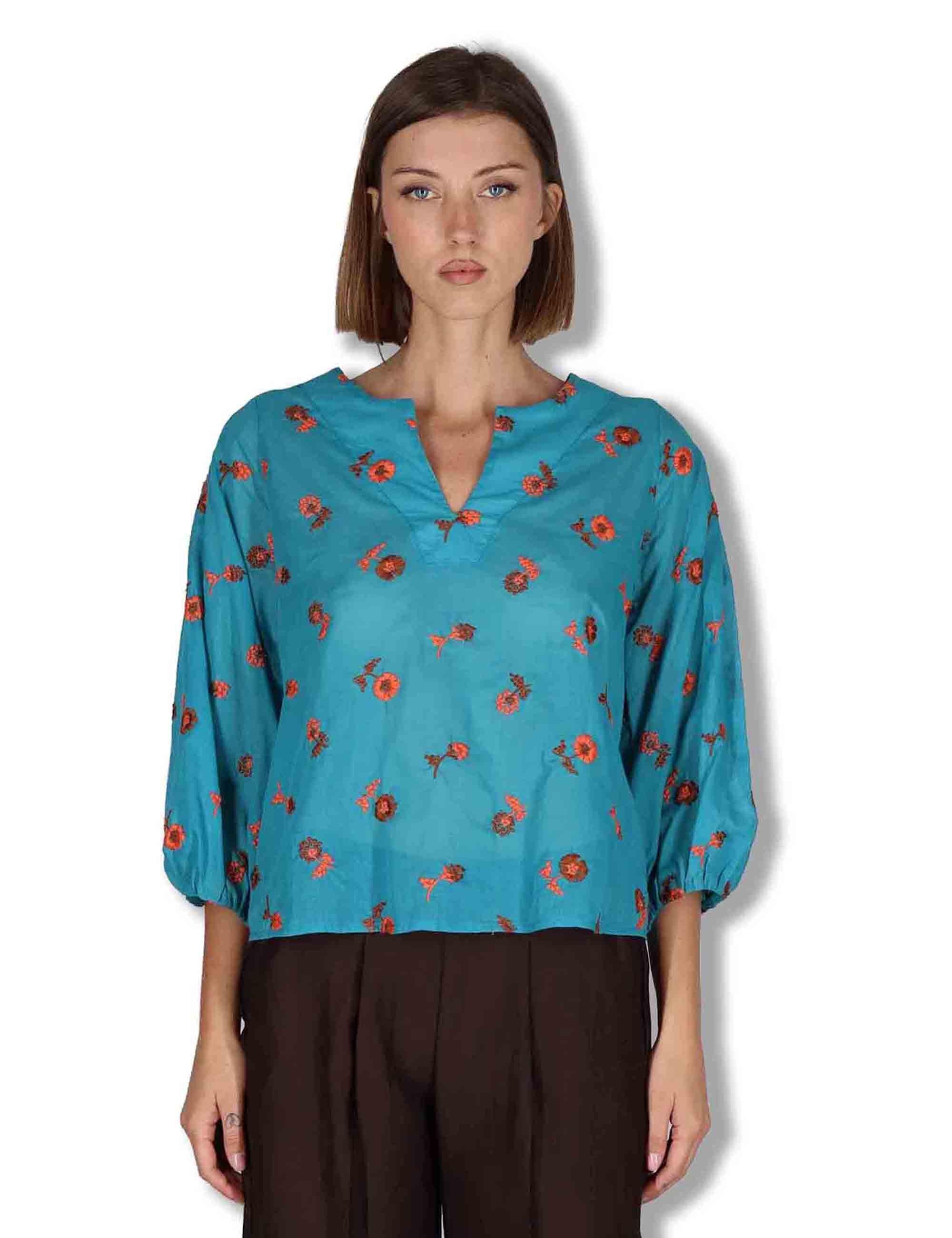 Camicie donna in cotone turchese con ricami florali e maniche a 3/4 JABCM0001-F1509-1231 6005 Justmine 