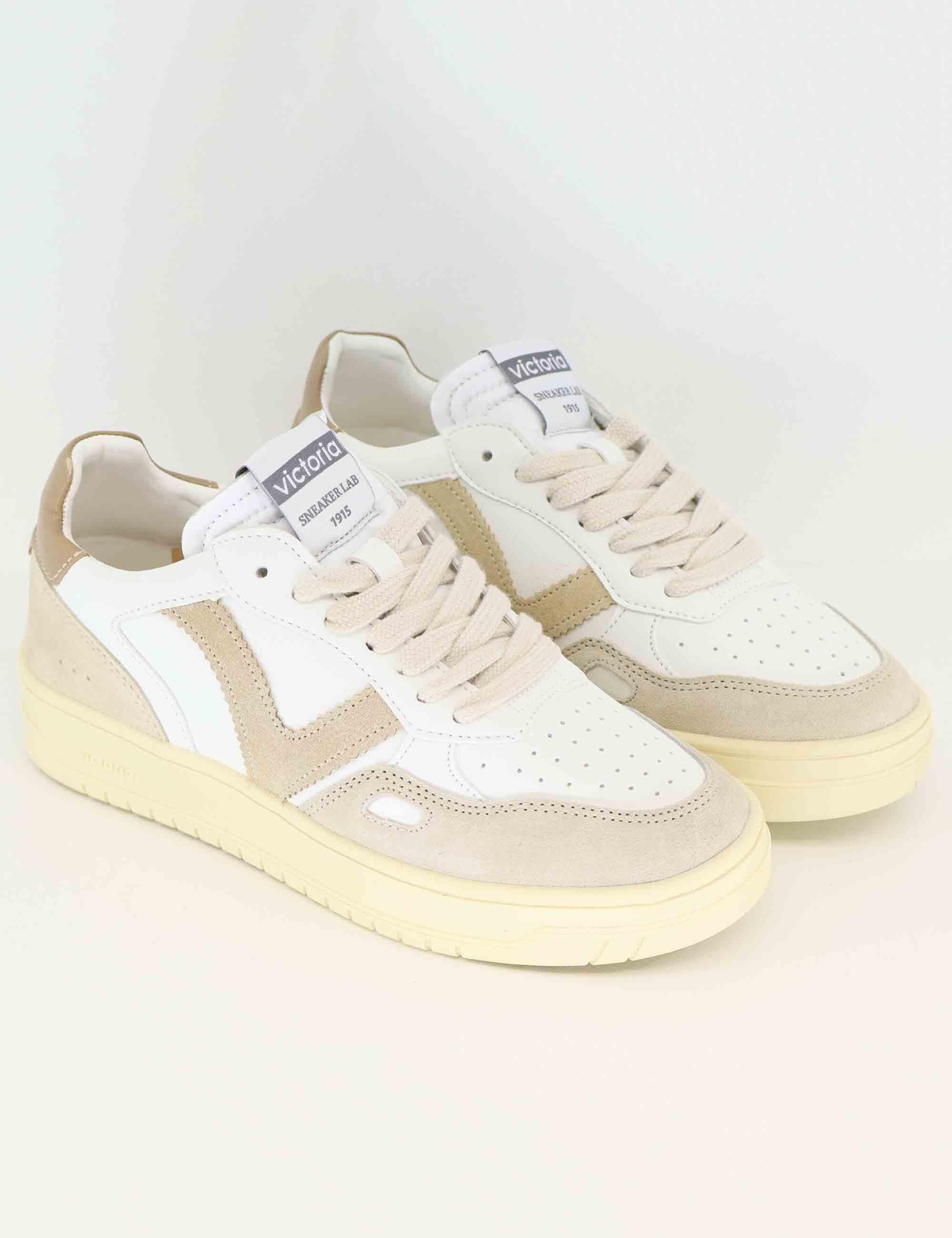 Sneakers donna in pelle bianca e camoscio beige 1257136 Beige Victoria 