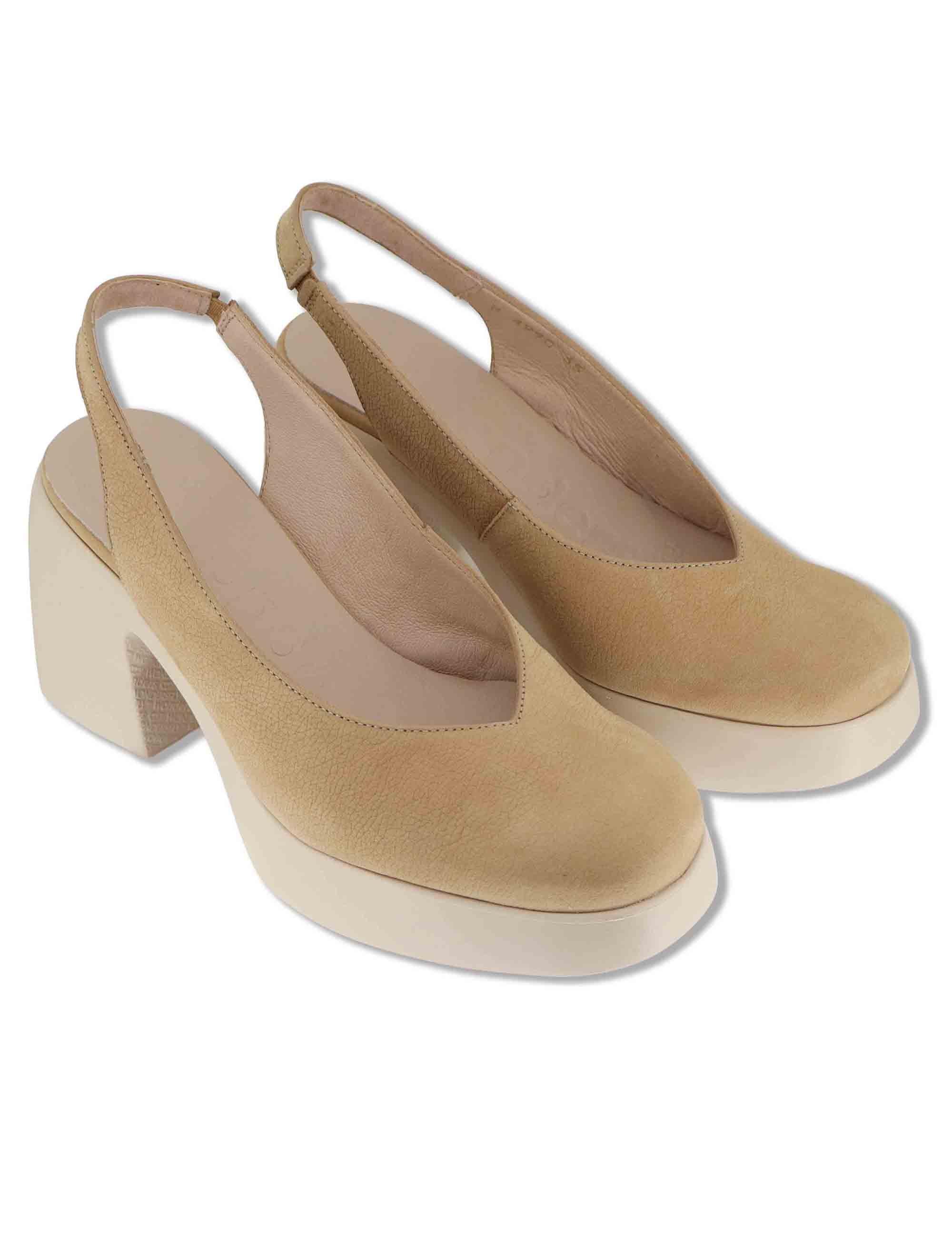 Decollete slingback donna in pelle beige con tacco alto e comodo H-4990 011 Wonders 