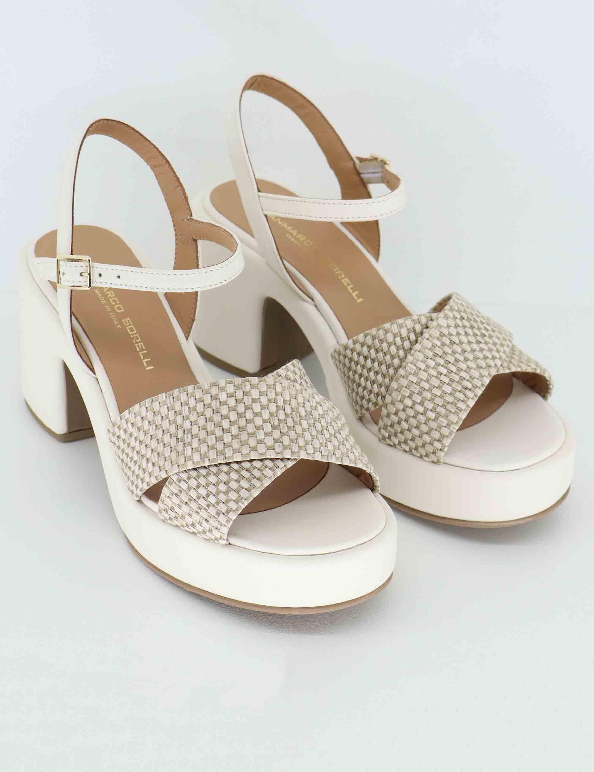 Sandali donna in pelle e tessuto off white con zeppa 2150 1 Gianmarco Sorelli 