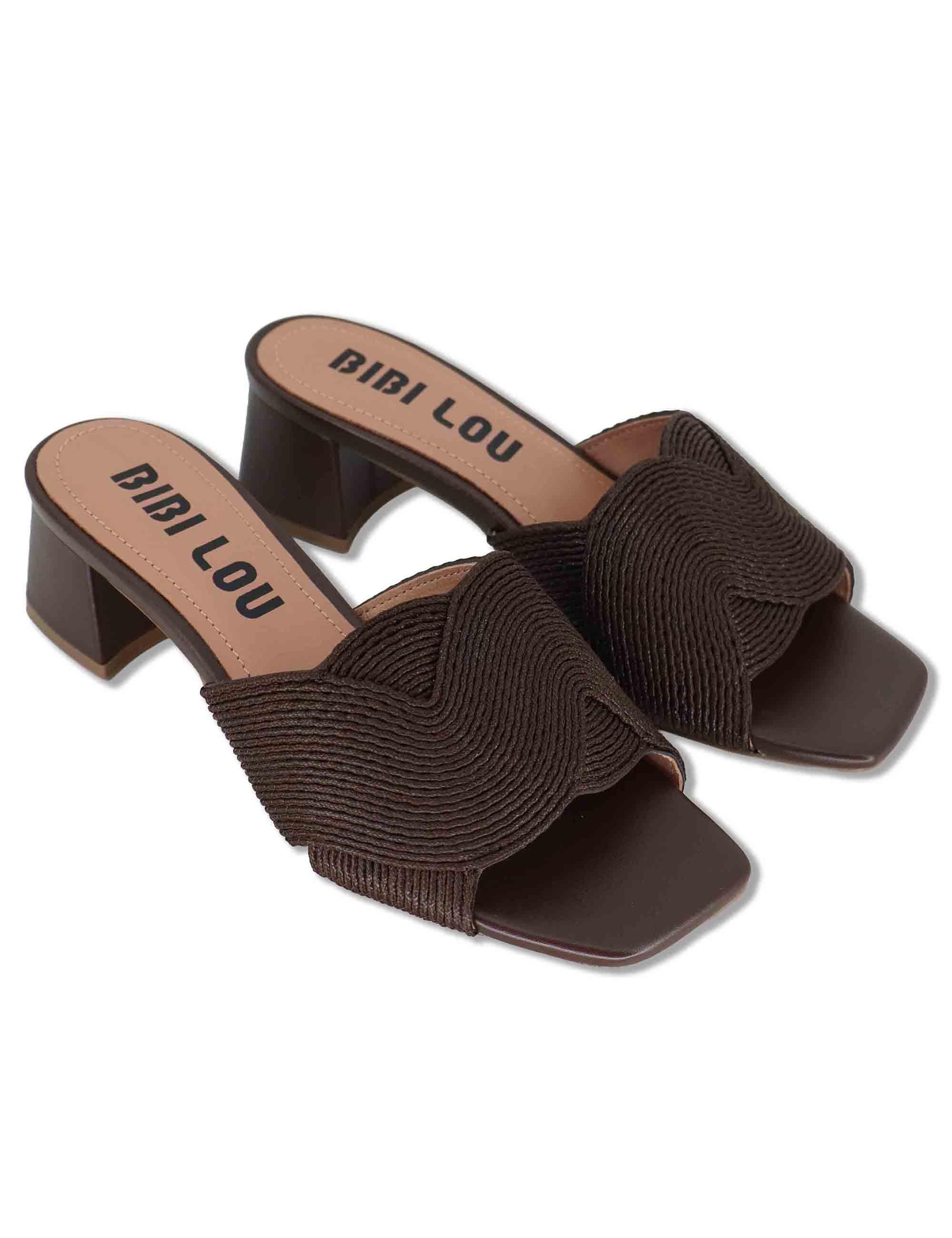 Sandali donna scalzati in pelle e tessuto intrecciato marrone tacco basso 879Z94HG 90-MARRON Bibi Lou 