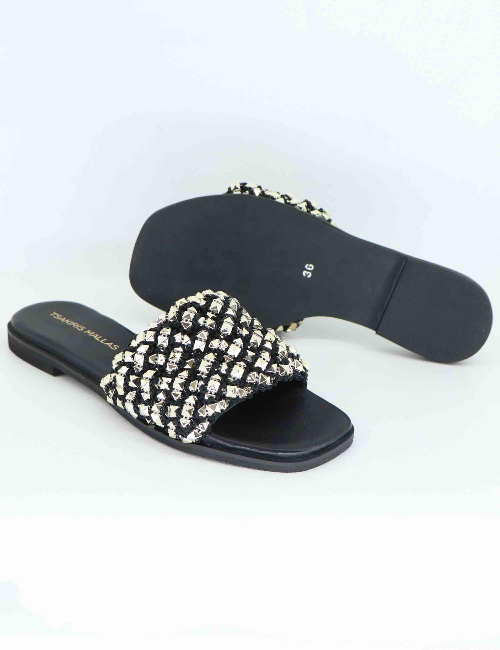 Sandali flat donna in tessuto nero con borchie argento U41009501340 950 Tsakiris Mallas 
