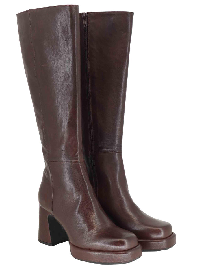 Stivali donna in pelle opaca marrone con tacco alto e plateau 9680Z 014 Les Venues 