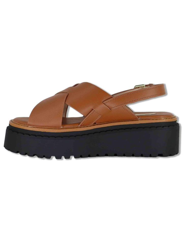 Sandali donna in pelle cuoio a doppio incorcio e zeppa in gomma BESSIE 02 SADDLE Liu-Jo 