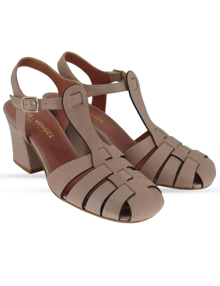 Sandali donna in pelle marrone con beige alla caviglia e tacco medio 5105P 015 Les Venues 