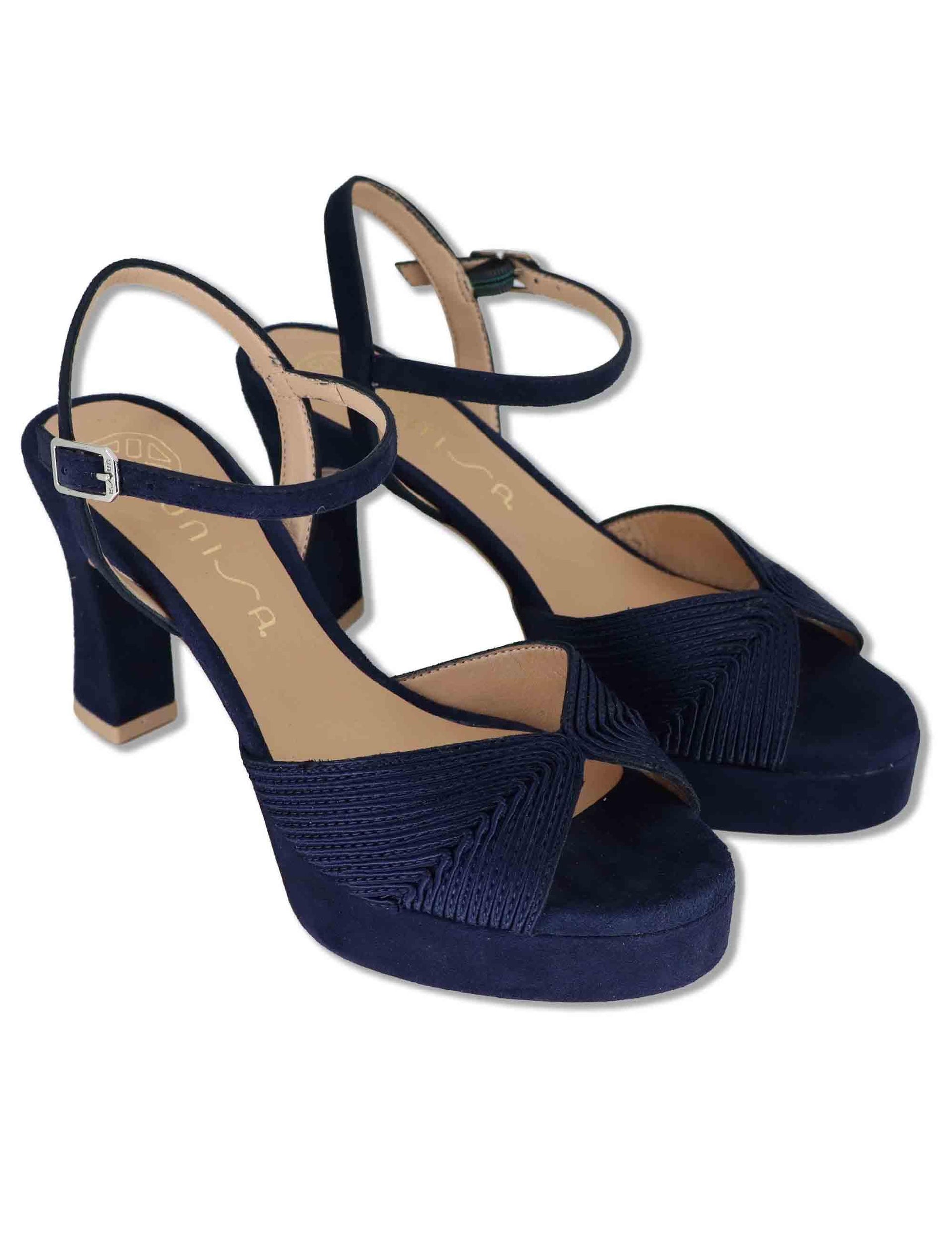 Sandali donna in pelle e tessuto blu con cinturino tacco alto e plateau OJEDA SOU OCEAN Unisa 