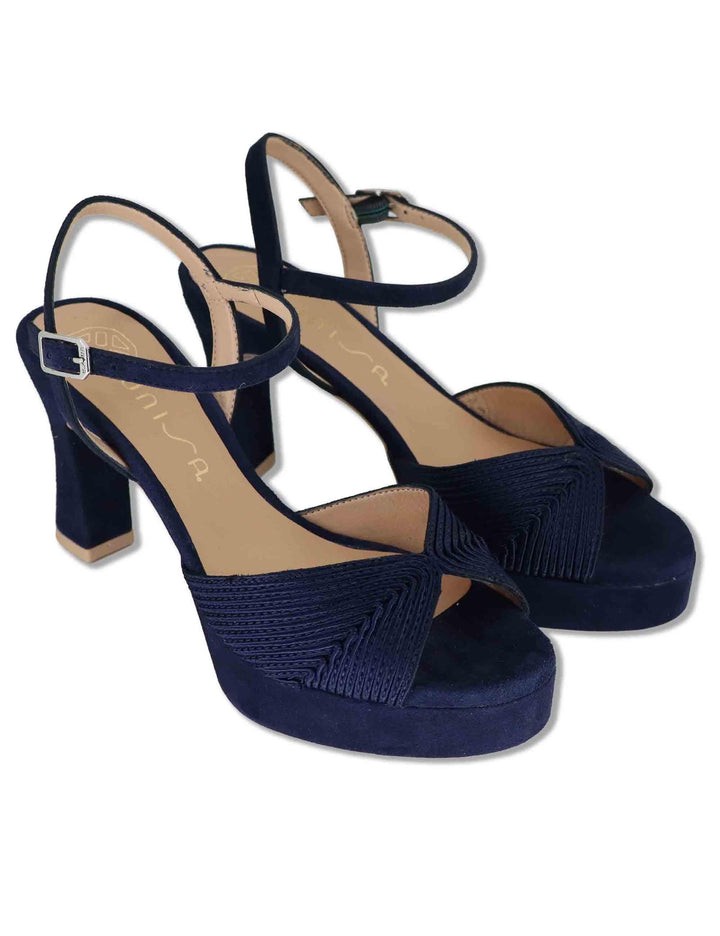 Sandali donna in pelle e tessuto blu con cinturino tacco alto e plateau OJEDA SOU OCEAN Unisa 