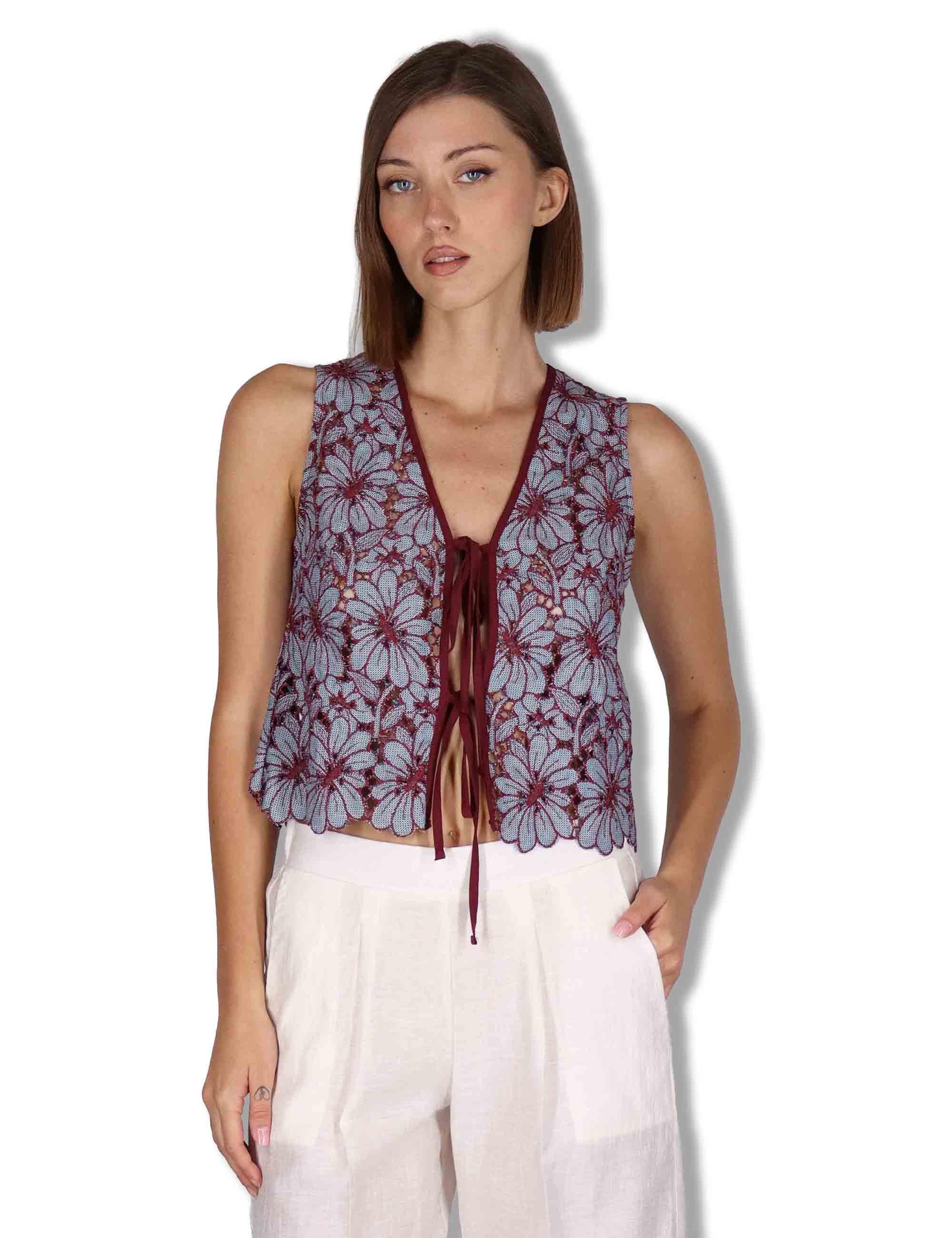 Gilet donna in macrame turchese ricami floreali e nappine JABGI0001-F1504-1251 6005 Justmine 