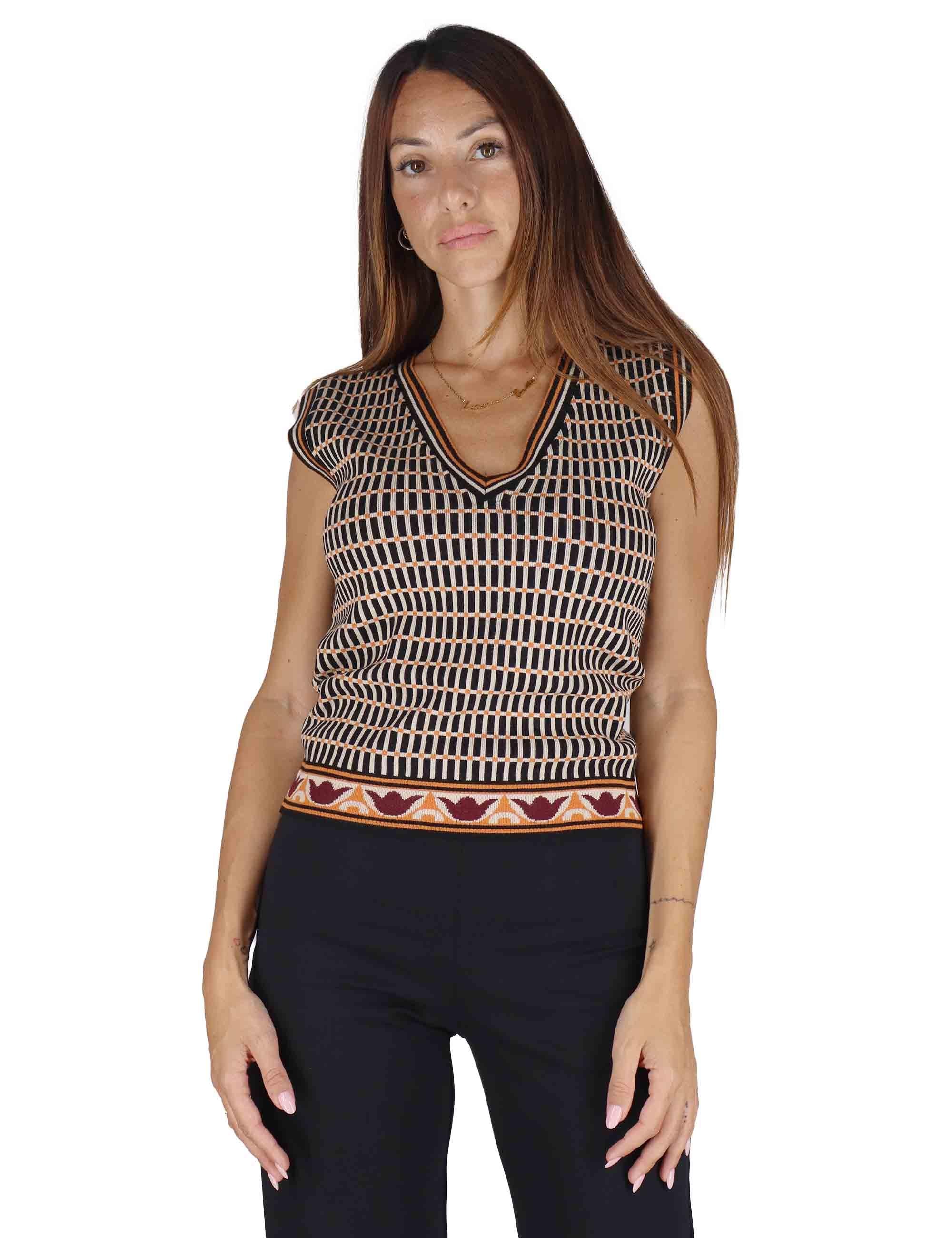 Gilet donna in tessuto naturale nero a fantasia con scollo a V JABGI0025-G049 9999 Justmine 