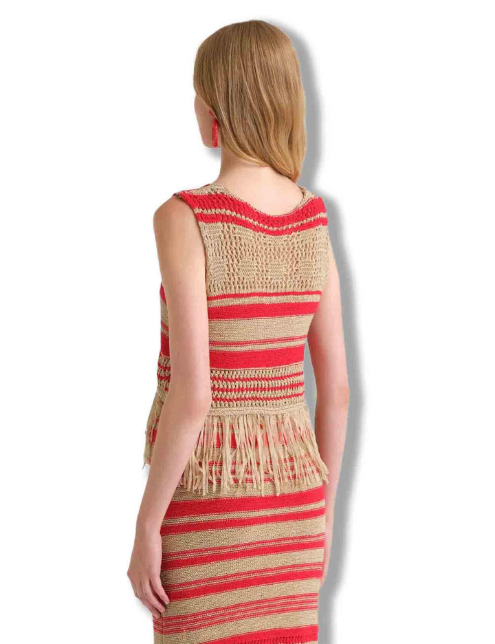 Gilet corto donna Knit Tape in tessuto rigato naturale e rosso con frange JE113078214 11B30 Maliparmi 
