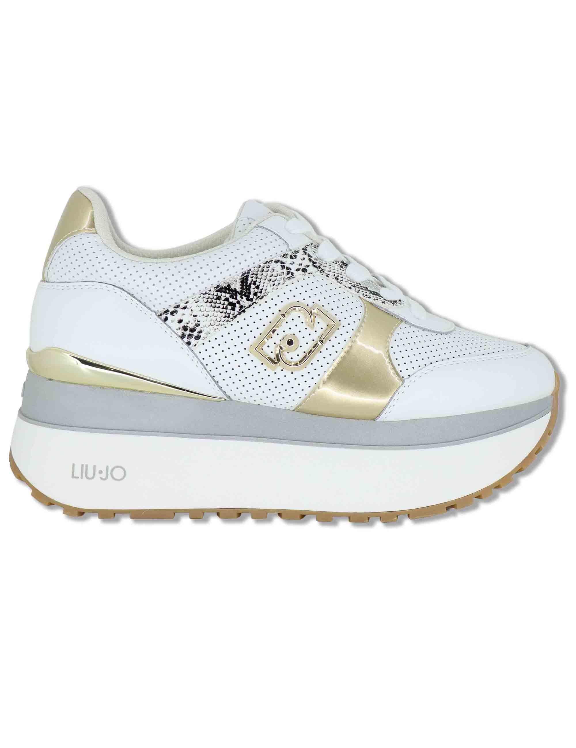 Sneakers donna in pelle bianca con riporti in contrasto  e suola alta 5cm MAXI WONDER 02 BIS GOLD Liu-Jo 
