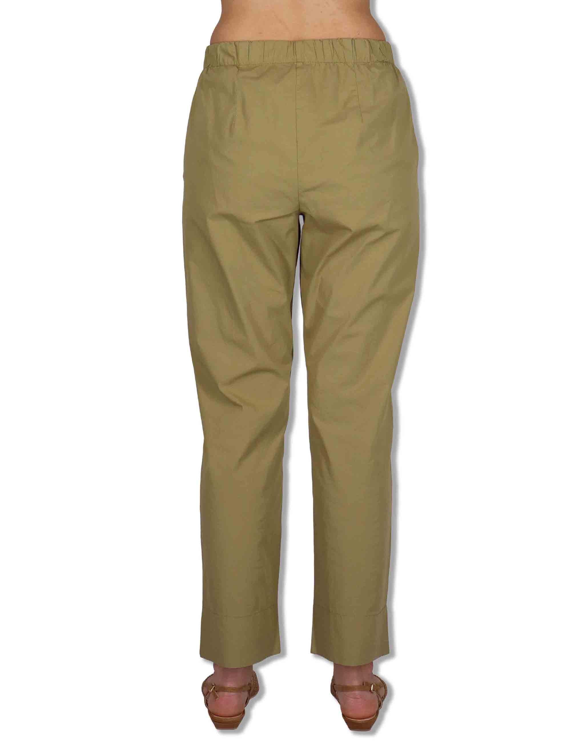 Pantaloni donna in cotone verde a gamba dritta con elastico in vita PINA OVO_KAKI TreBarraBi 