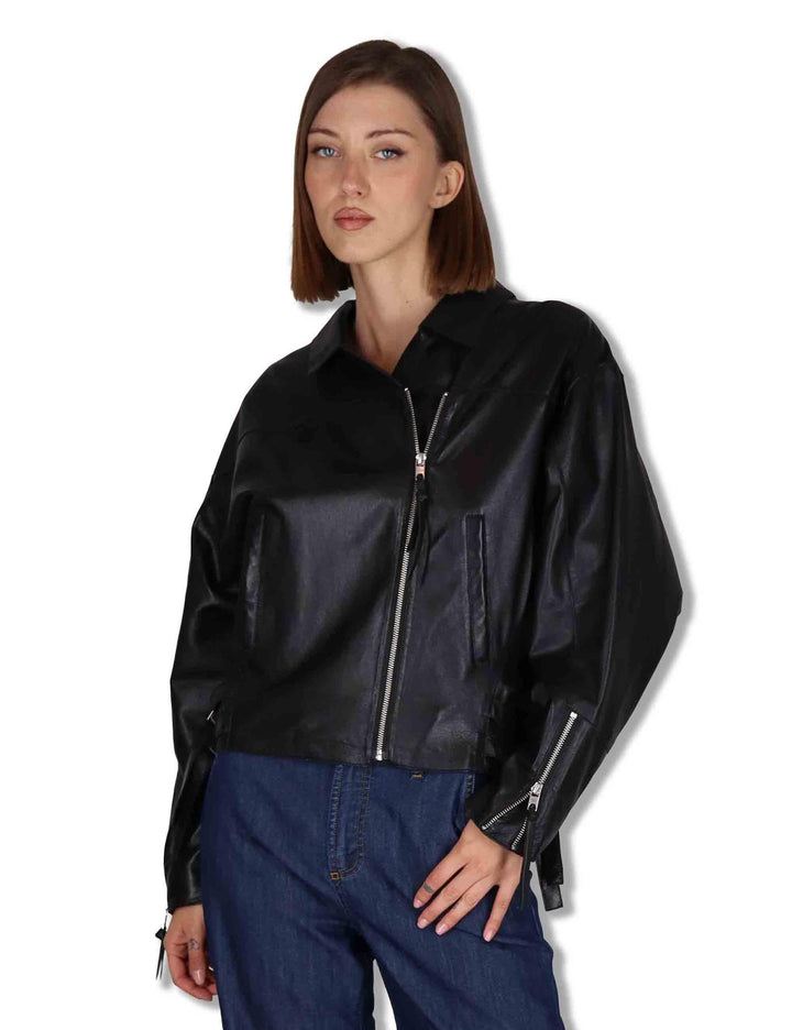 Giubbini donna chiodo in pelle nera con zip e tasche RWJ104 047 Rehard 