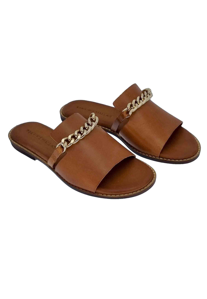 Sandali flat donna in pelle cuoio con catena oro 610 014 Tsakiris Mallas 
