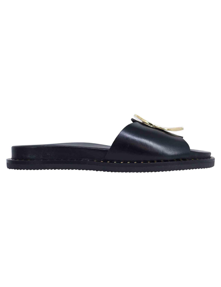 Sandali donna flat in pelle nera con fussbett e fibbia in oro K652 001 Kotris 