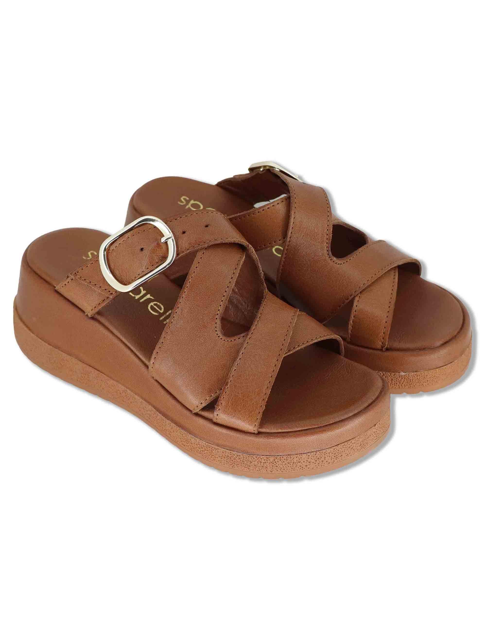 Sandali donna in pelle cuoio con fascette e fibbia e zeppa alta SP261352 014 Spatarella 