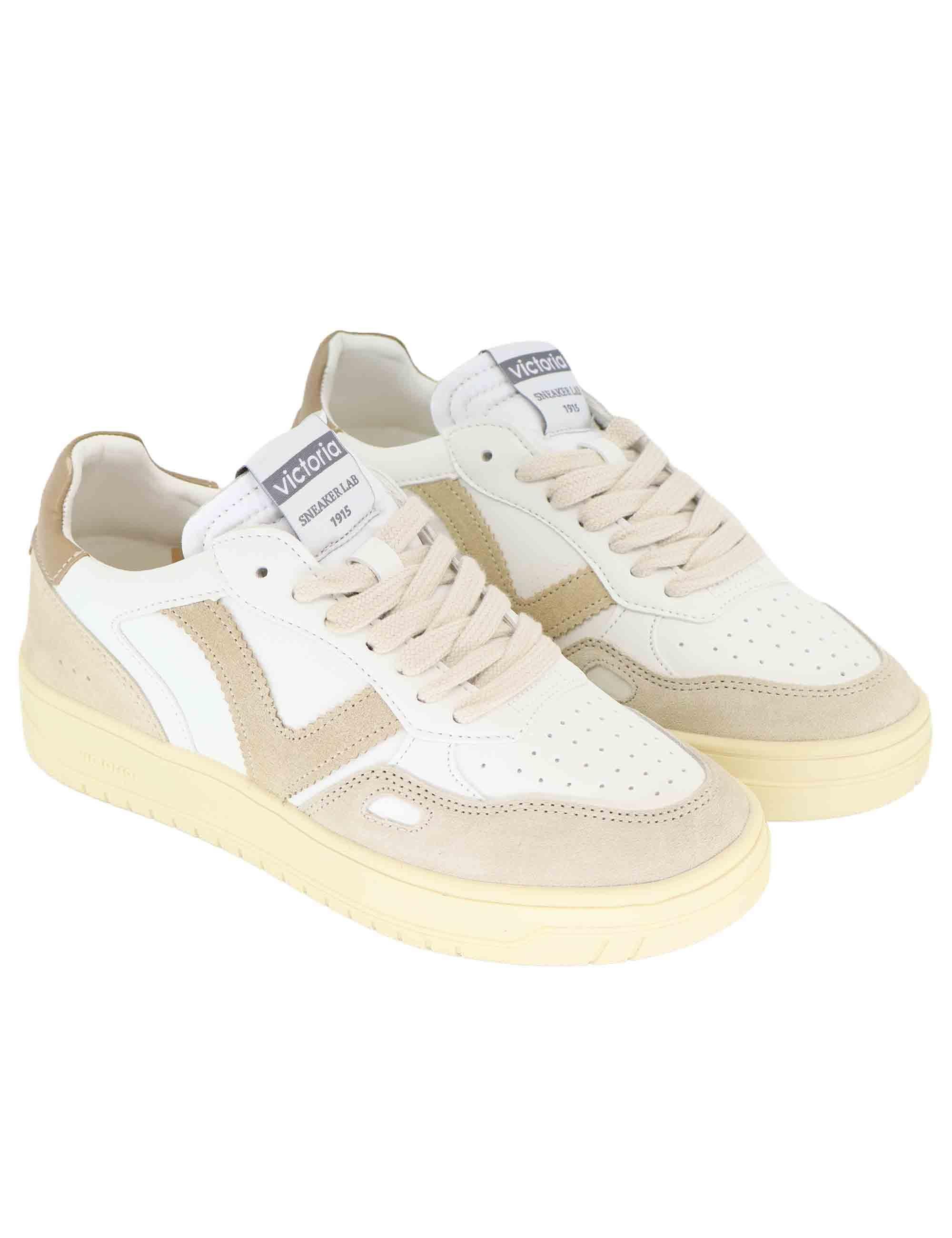 Sneakers donna in pelle bianca e camoscio beige 1257136 Beige Victoria 