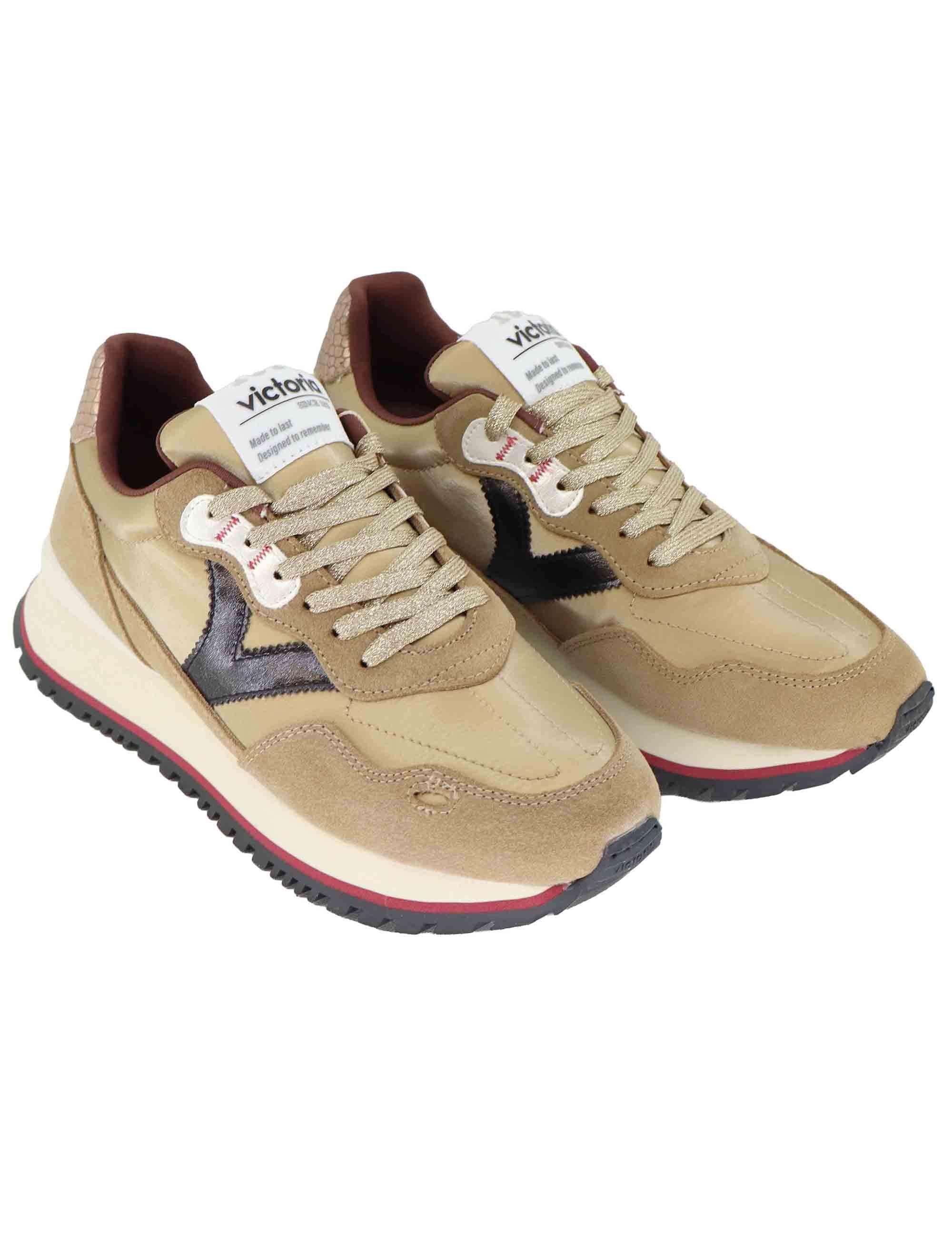 Sneakers donna in tessuto e pelle oro con suola alta 1157115 Oro Victoria 