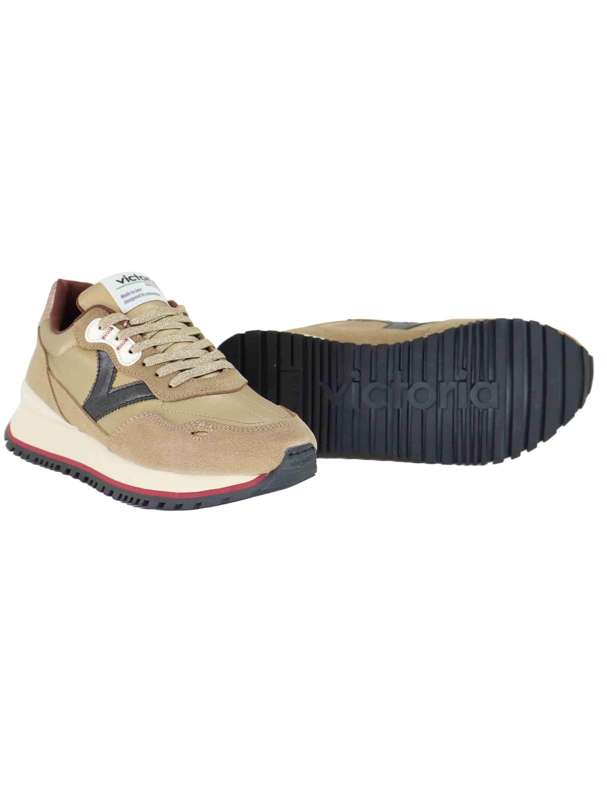 Sneakers donna in tessuto e pelle oro con suola alta 1157115 Oro Victoria 