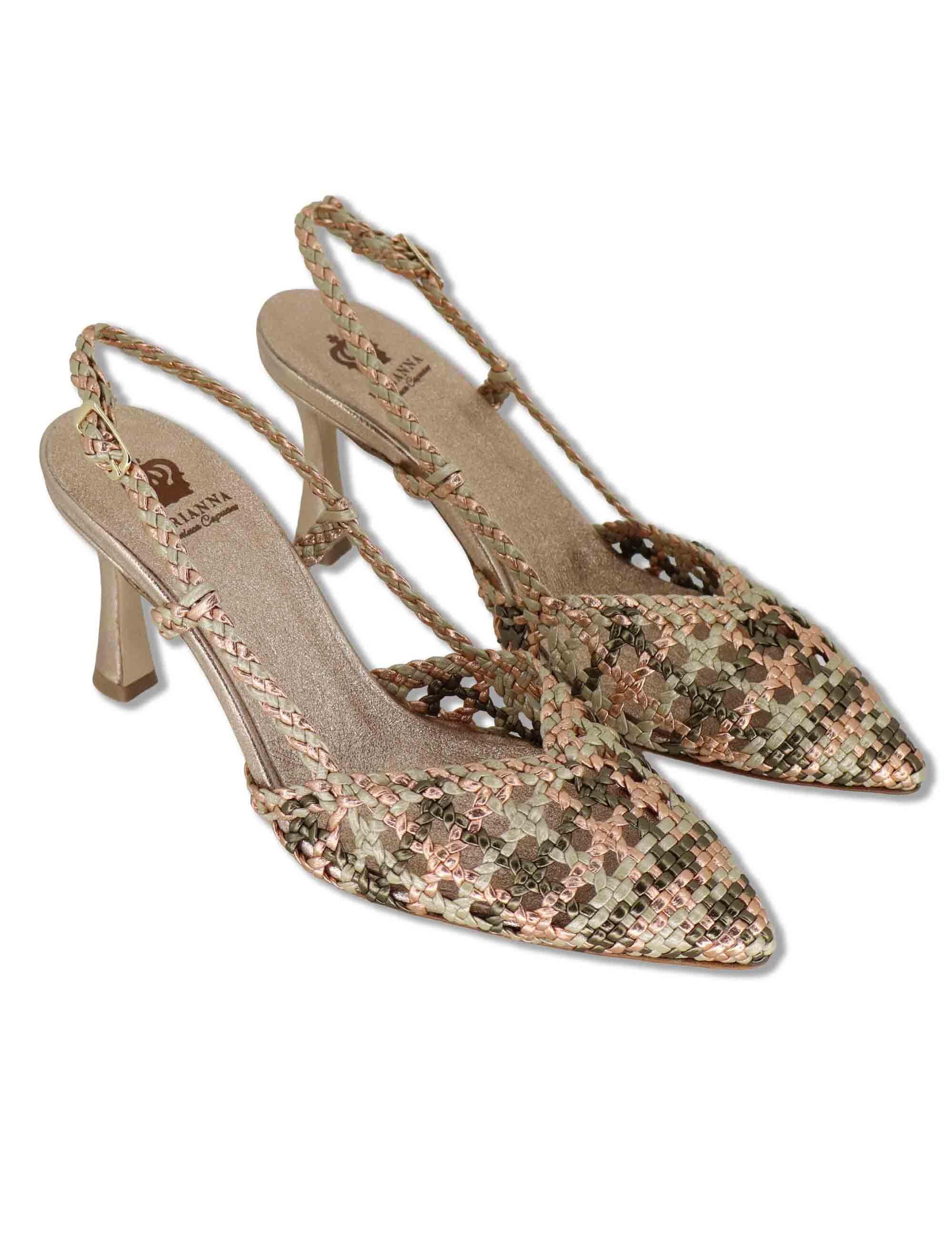 Sandali donna in pelle intrecciata oro con punta chiusa e tacco alto CH1767/RT CV400 L'Arianna 