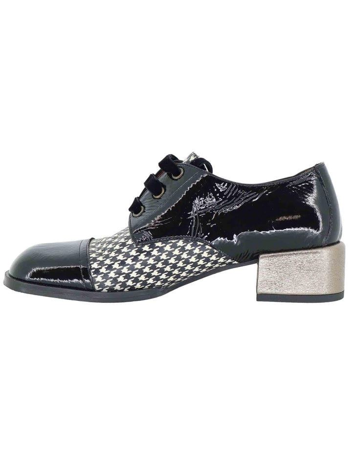 Stringate donna in pelle nera con tacco basso oro 9532GL 001 Les Venues 