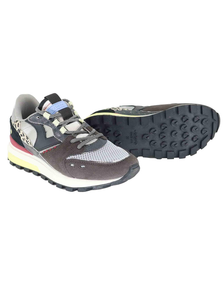 Sneakers donna in pelle nera e tessuto con animalier 1156113 Negro Victoria 