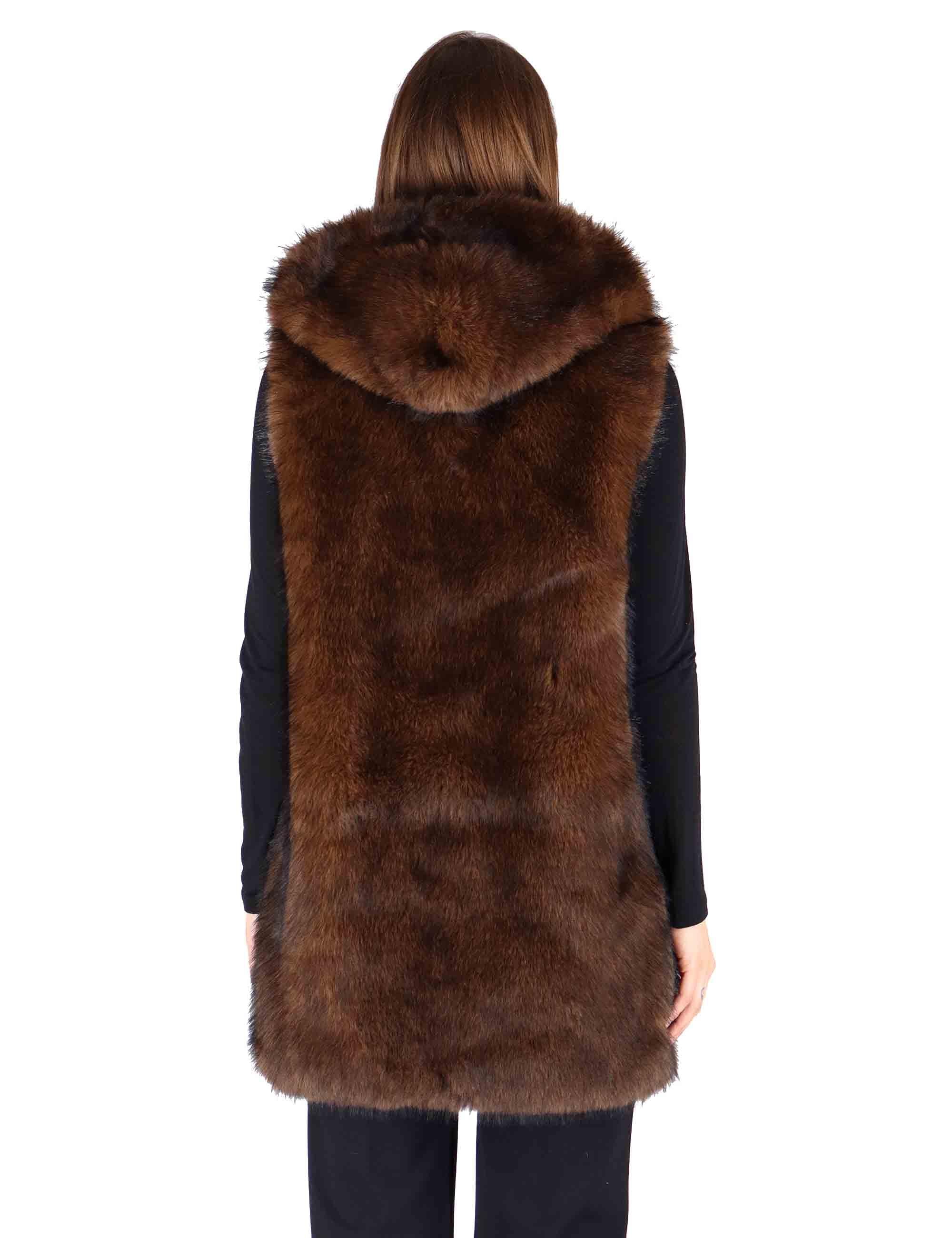 Gilet donna in eco fur marrone con cappuccio effetto pelliccia SP25296 DARK BROWN Spatarella 