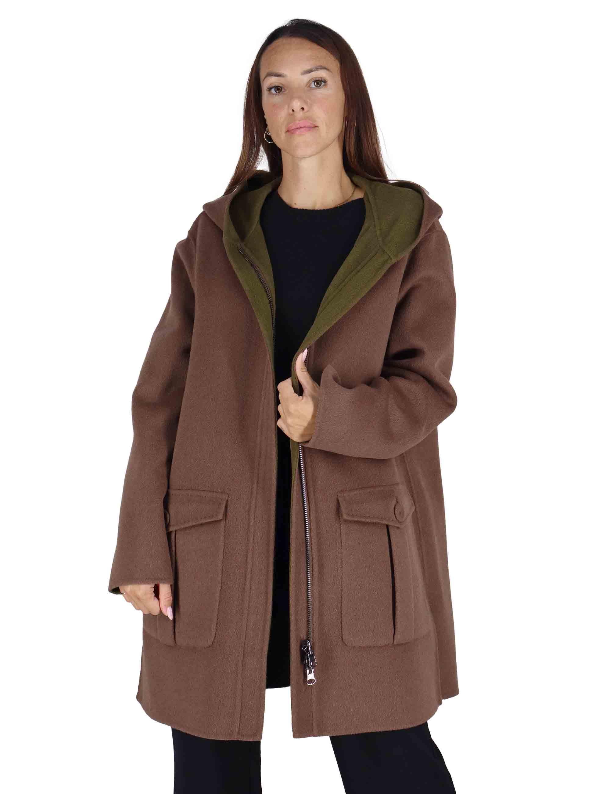 Giacconi donna Double Wool reversibili in lana marrone con cappuccio JA534020276 40B60 Maliparmi 