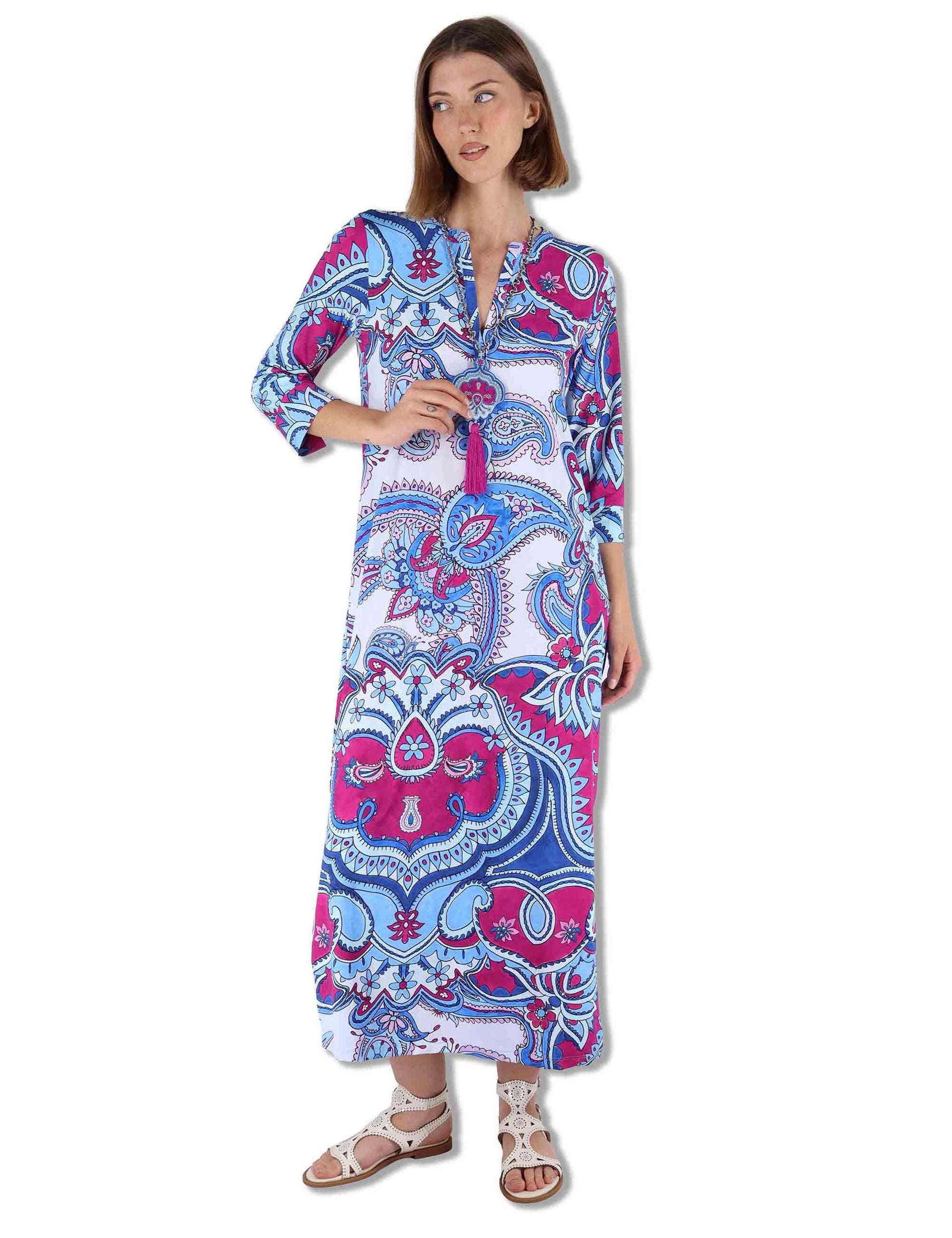 Abiti donna kaftani Hippie Lotus in tessuto azzurro a fantasia con maniche 3/4 JF667370671 A8184 Maliparmi 