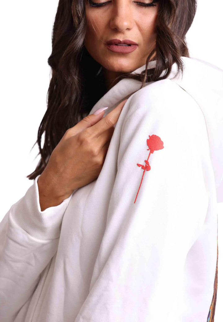 Felpa donna con cappuccio e zip in tessuto bianco e stampa in seta ZIP PAV Bastille 