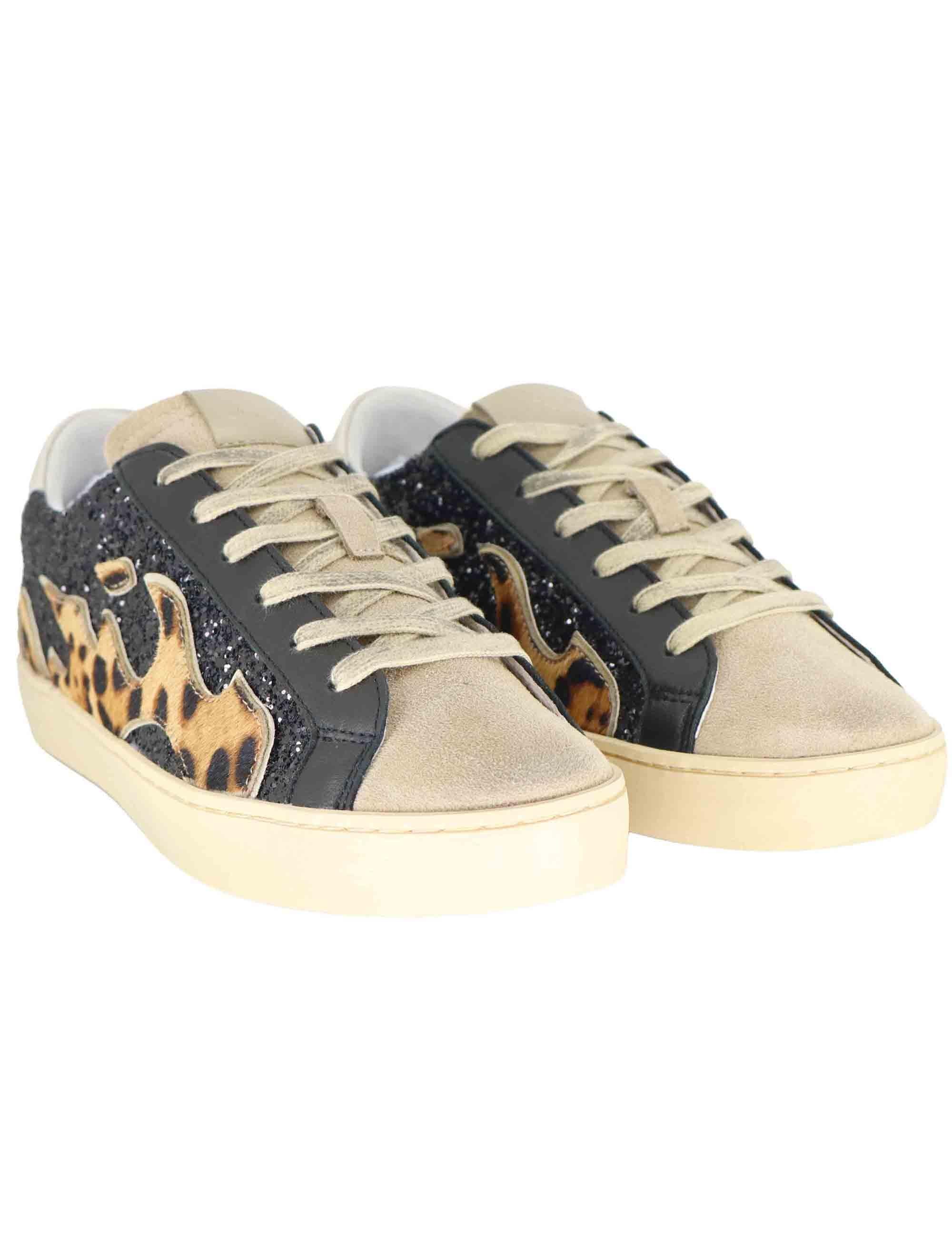 Sneakers donna in glitter nero con logo animalier D0058S05 03 Gamin 