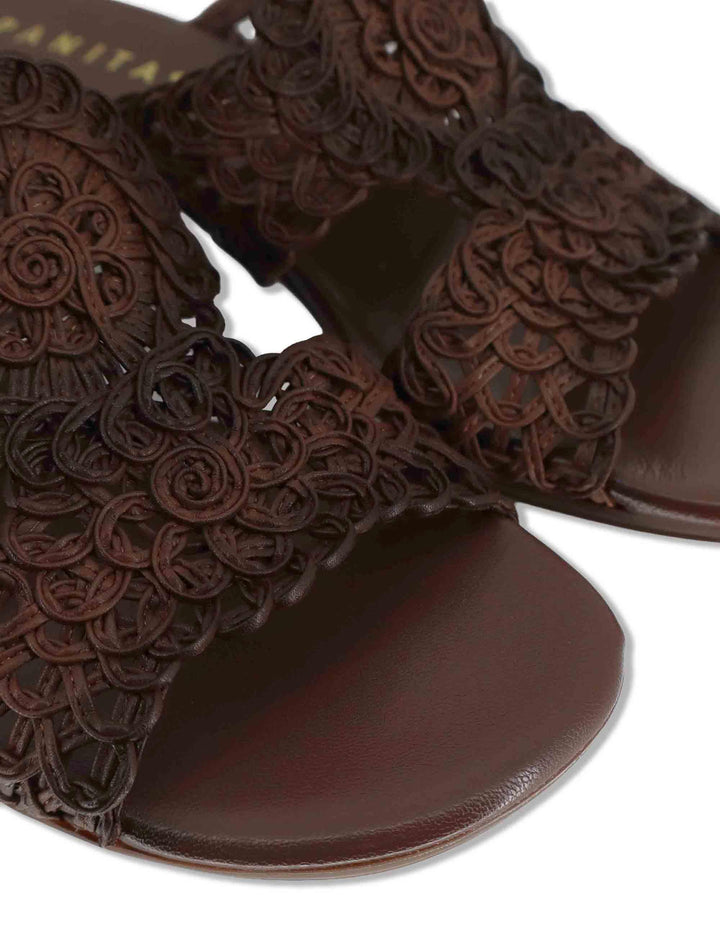 Sandali donna in pelle marrone ricamo effetto pizzo con taccco medio HV264602 AVELLANA Hispanitas 